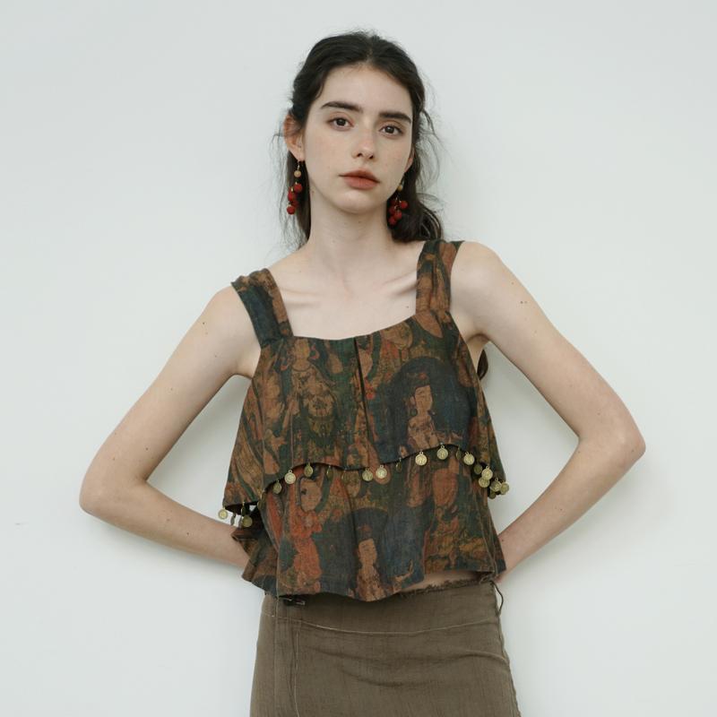 Washable and Timeless Dunhuang Print Linen Double-Layer Short Camisole 2026 Summer New Ethnic Style Retro Top