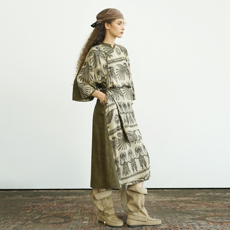 Object Washing Remote Prayer Totem Print Robe Dress 2026 Spring New Slimming Color Block Women's Clothing