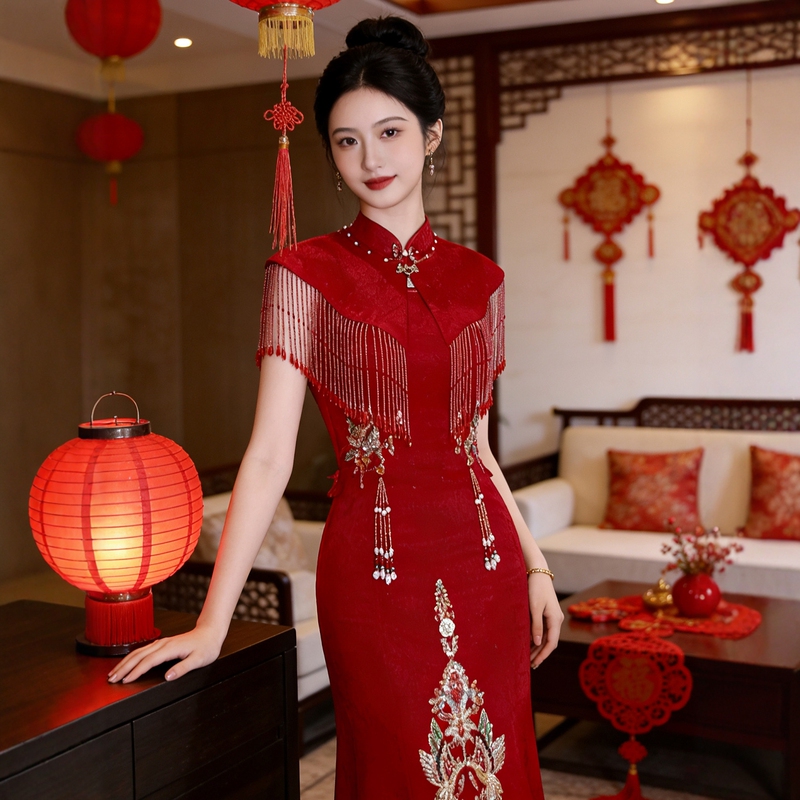Red Toast Dress for the Bride, High-End Fishtail Style, Petite Chinese Retro Cheongsam, Engagement Dress, Wedding Dress