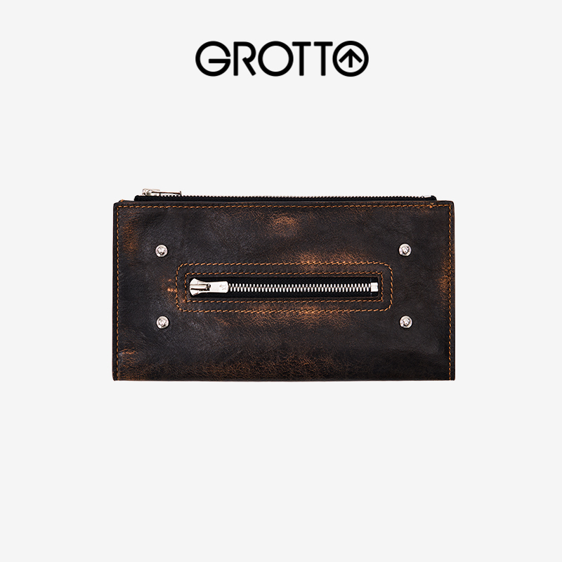 Grotto Vegetable-Tanned Leather Rivet Zipper Wallet, Lightweight Multi-Card Slot Coin Purse Grotto Vegetable-Tanned Leather Rivet Zipper Wallet, Lightweight Multi-Card Slot Coin Purse