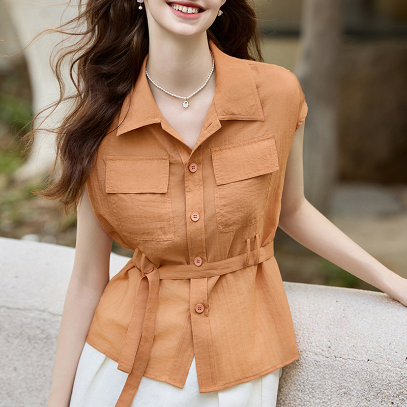 French-Style Lapel Silk Shirt for Women, Summer Design with Tie Waist, Slimming Shirt, Sleeveless Mulberry Silk Top