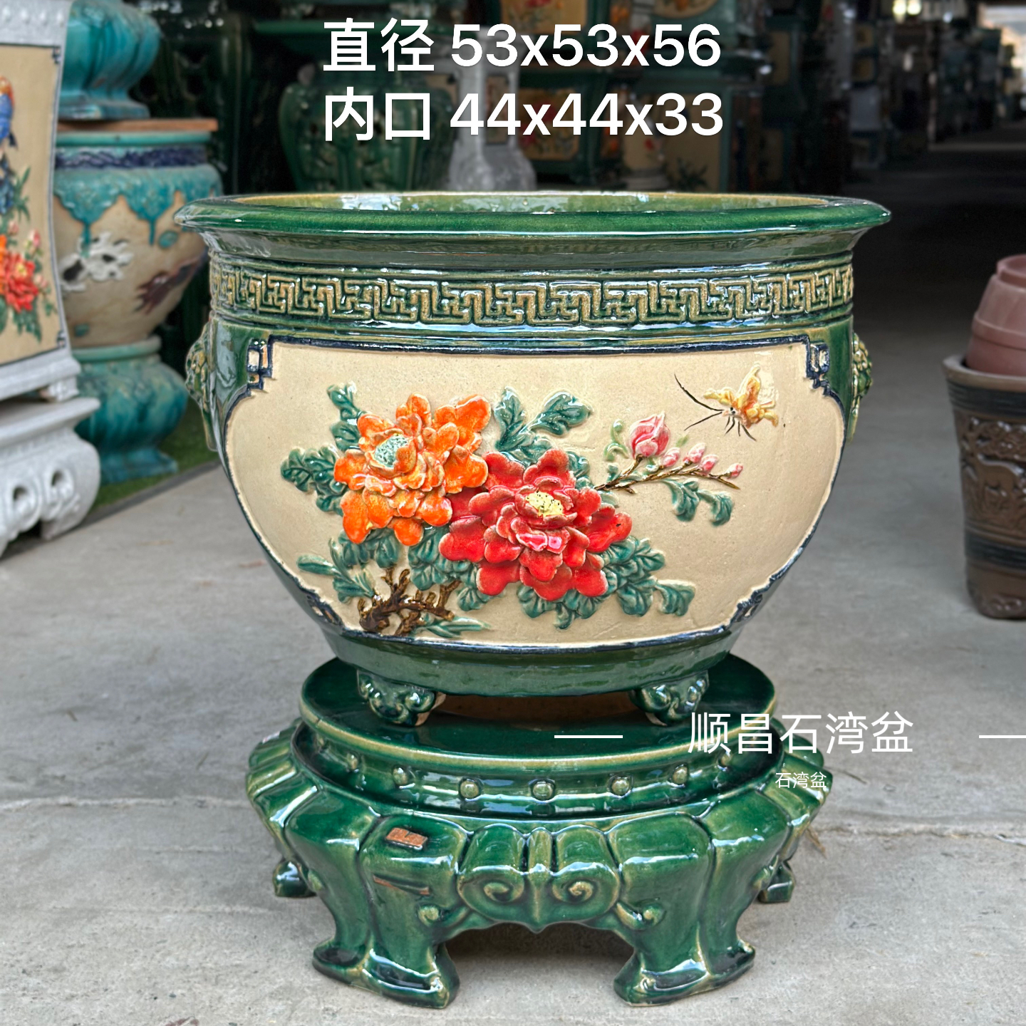石湾花盆兽头冰裂釉面陶瓷古典50大号口径圆盆景三角梅栀子花盆