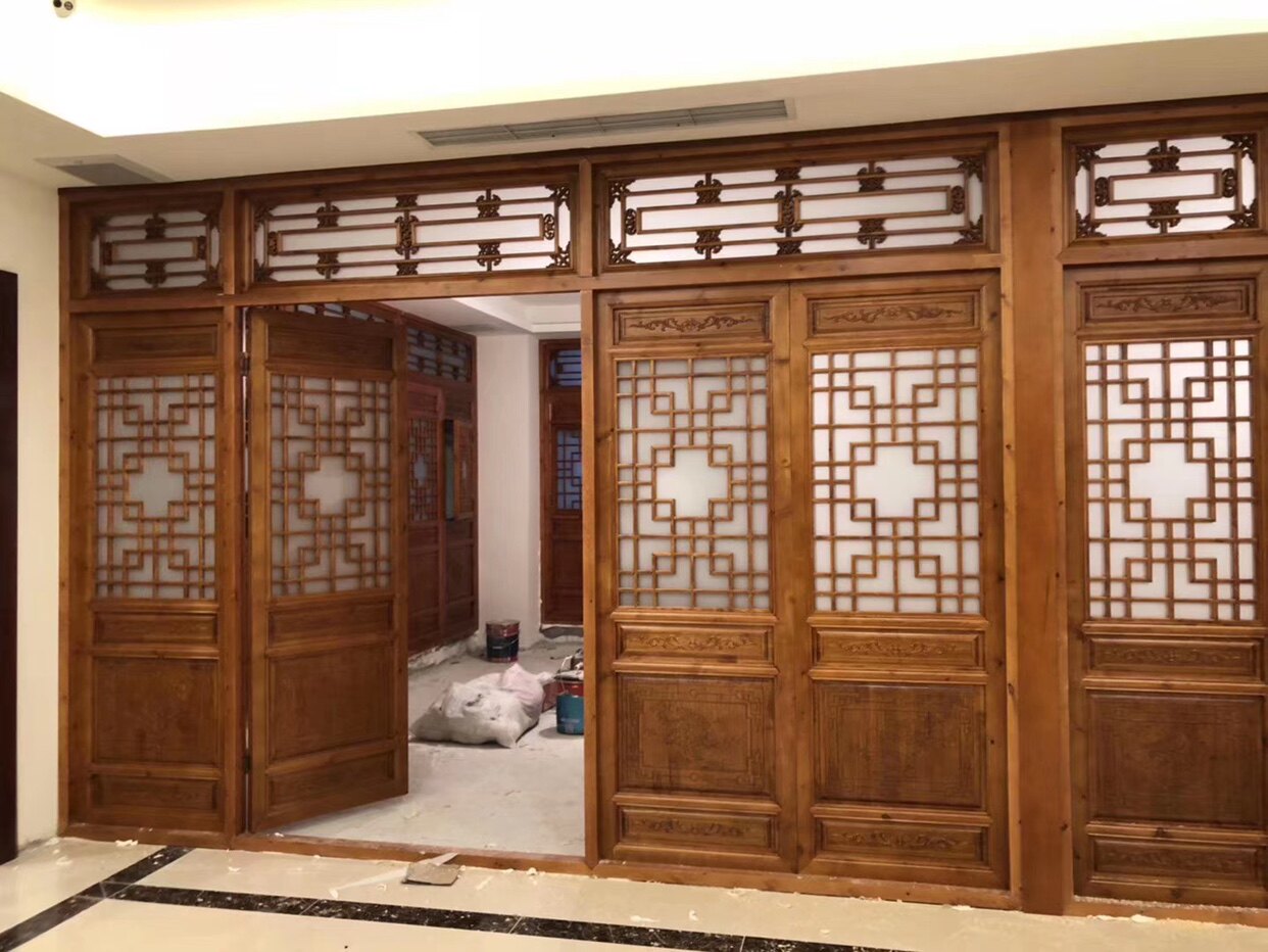 Chinese-style hollow flower board wood carved solid wood lattice antique doors and windows PVC carved partition screen solid wood sliding door