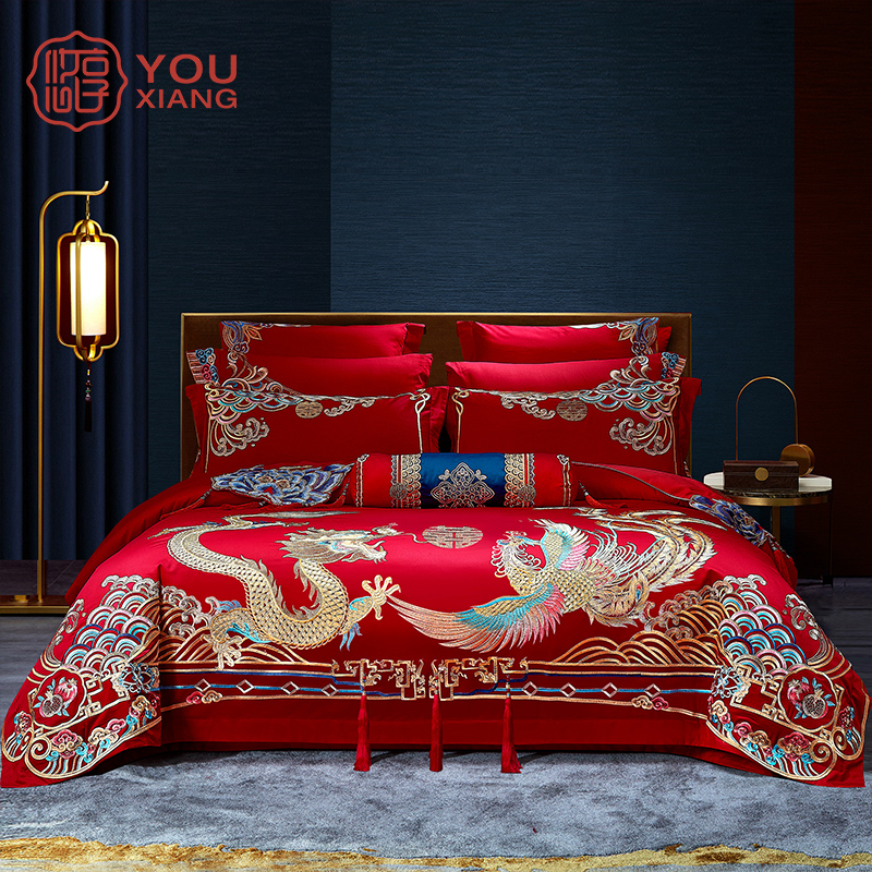 Wedding Celebration Four Sets Big Red All-cotton Newlywed Wedding Quilt Kit Pure Cotton Embroidered Wedding Room Bed Goods Wedding Bed Accessories