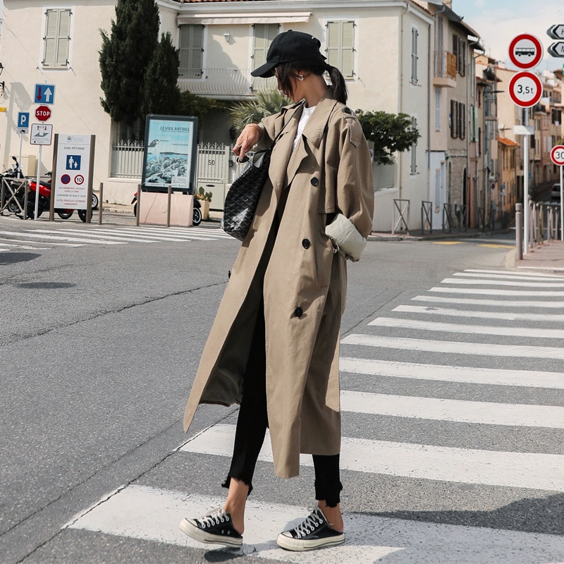 Khaki Trench Coat Nữ dài quá gối 2019 Phụ nữ mùa thu Mới Hàn Quốc Slim Slim Ren khí - Trench Coat