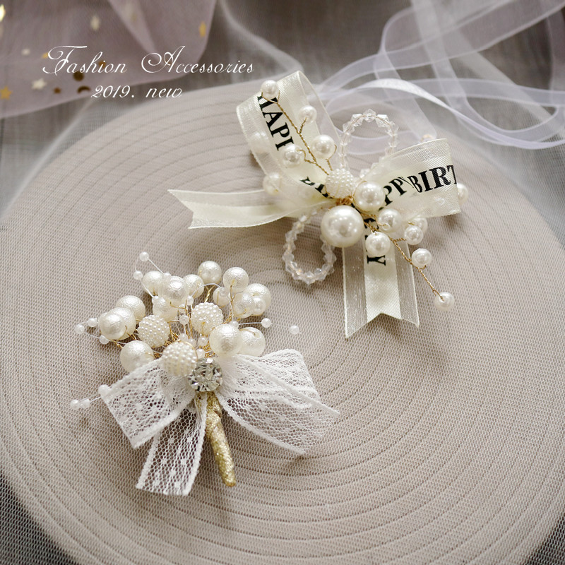White Pearl Korean Bride Wrist Flower Bridesmaid Sister Hand Flower Groom Corsage European Wedding Children's Show