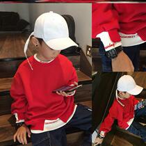 Boy China Red T-Shirt Boy Long Sleeve Autumn Dress Blouse Bottom Shirt Fake two Thickened Warm Cover