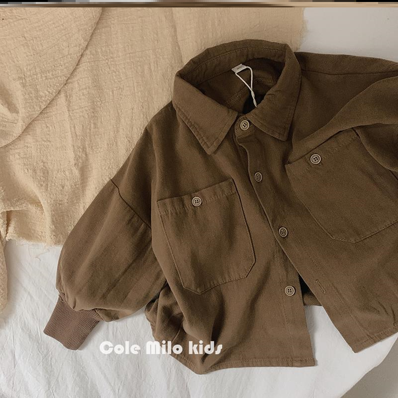 Boy mill wool shirt children turn in pure cotton long sleeve shirt baby brown coat day family spring autumn retro foreign pie