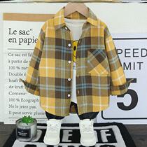 Boy mill sweater shirt children thickened yellow plaid pure cotton long sleeve shirt jacket for spring and autumn season handsome and air-wave