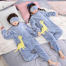Boy sleepwear winter style with velvety thickening of the conjoined CUHK Tong-cartoon Home Clothing Boy Winter Warm Coral Suede