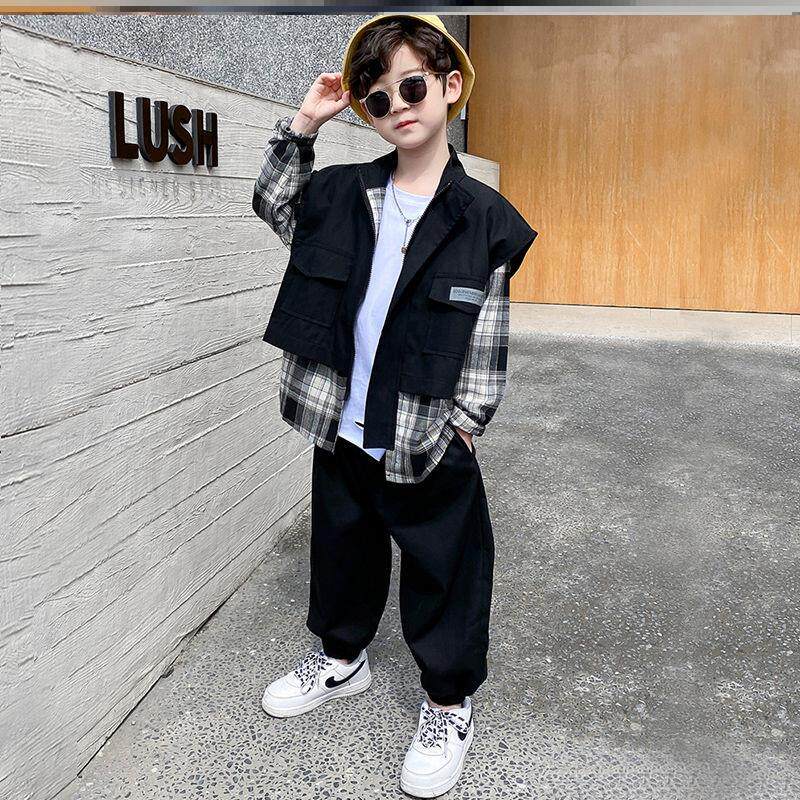 Boys shirt fake two-piece vest middle-aged boy long-sleeved shirt casual sports handsome fashion two-piece suit