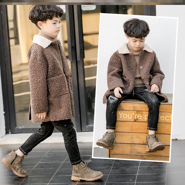 Boy Lamb Wool Cashmere Jacket Boy Thickened warm CUHK Children's winter clothing Long version of the large coat Korean version of the Korean version