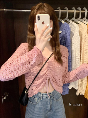 taobao agent Knitted sweater, thin top, suitable for teen, V-neckline, 2023 collection, autumn, drawstring, UV protection