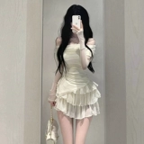 Приталенный комплект, юбка, лонгслив, мини-юбка, открытые плечи, высокая талия