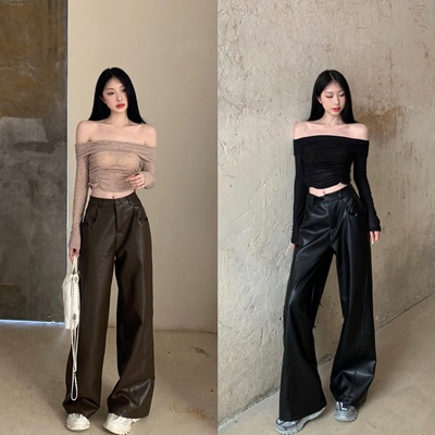 taobao agent PU leather wide -leg long pants female autumn 2023 new high waist thin retro design sense casual mopped pants leather pants tide