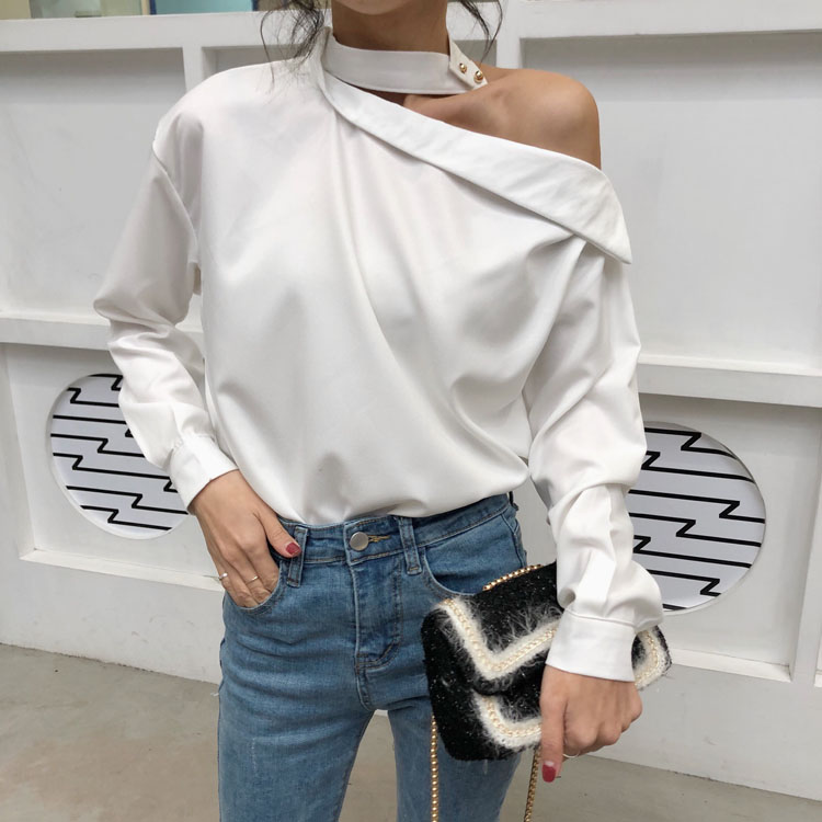 Hồng Kông hương vị retro chic nhỏ sexy từ cổ áo off-vai dài tay áo sơ mi trắng khí hoang dã đáy áo sơ mi nữ áo sơ mi trắng nữ công sở