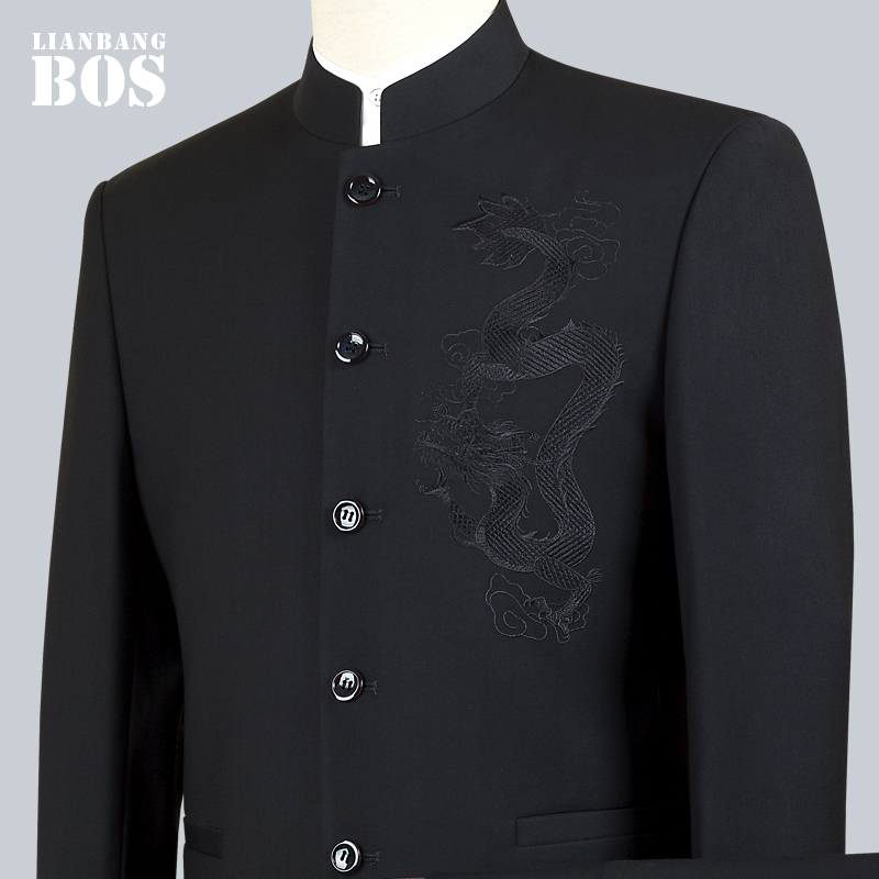 Chinese-Style Stand-Collar Suit, Zhongshan Suit for Young Men, Embroidered Dragon Pattern, Wedding Banquet, Chinese-Style Formal Wear, Performance Costume