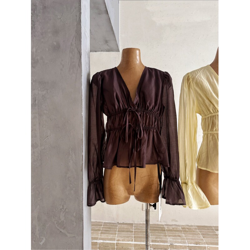 Ppshd｜Women's Shirt 2026 New Style with Tie Collar, Fashionable Front Tie, Ruched Top