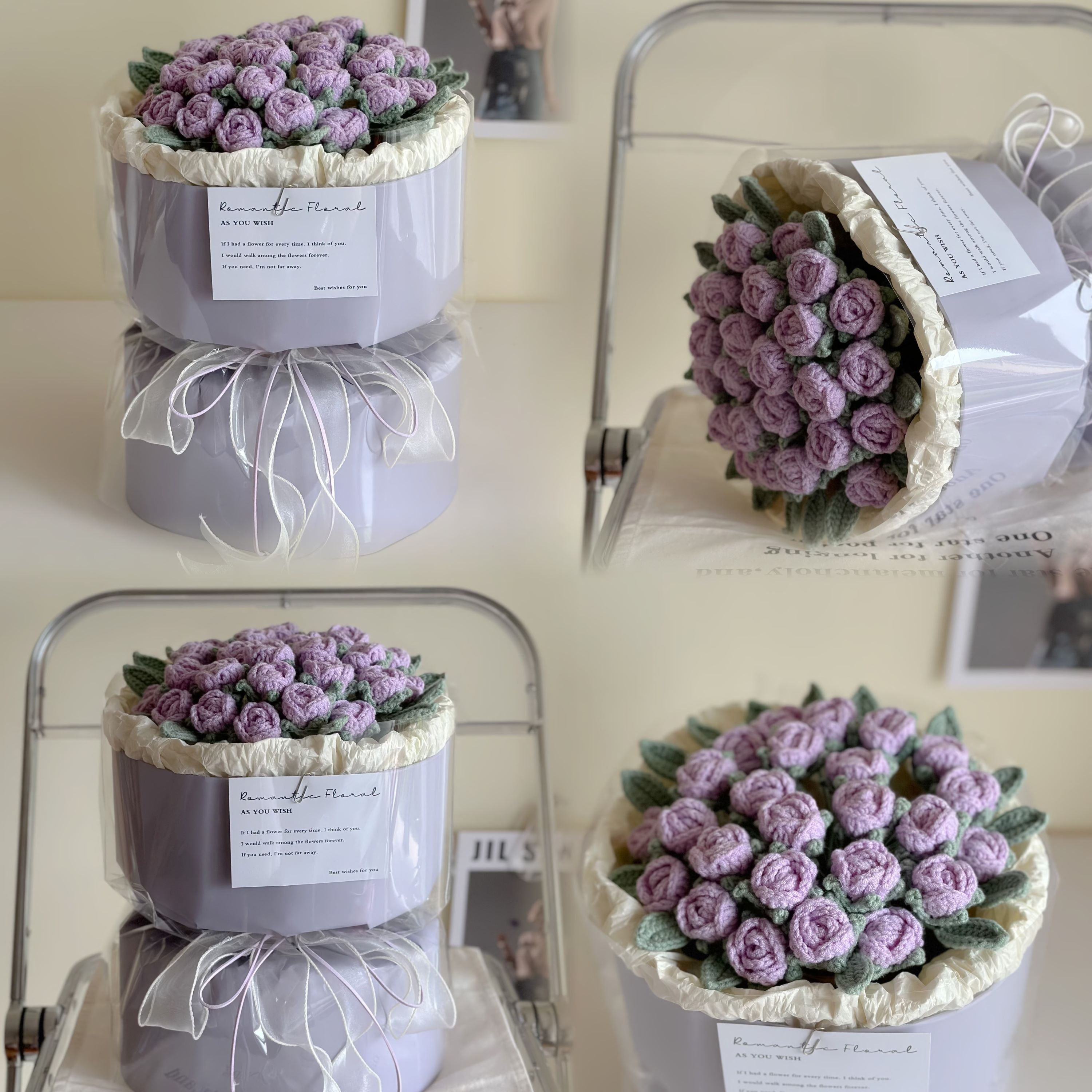 女性の日のためのクリエイティブな誕生日プレゼント、編み物のマルチヘッドバブルローズ、ハンドメイドウール仕上げのブーケ、ガールフレンドの親友用