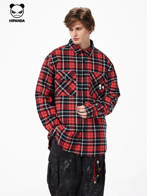 Hipanda Hello Panda retro classic red and blue plaid lapel shirt men's 2025 autumn new long-sleeved cardigan C