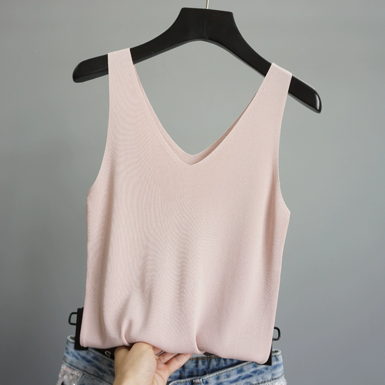 Mùa hè 2018 mới phía trước và phía sau cổ chữ V không tay đan áo yếm nữ Slim mỏng thun lụa tơ tằm