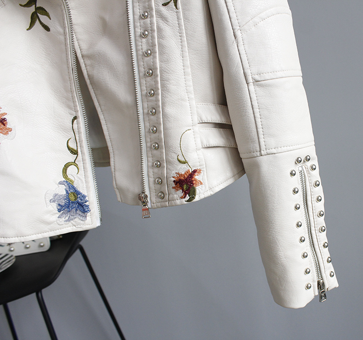 Trạm châu âu 2018 mùa thu mới phù hợp với cổ áo thêu hoa lá đinh tán ngắn áo khoác da PU leather jacket áo da dê