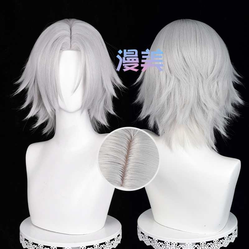 Manmei Family Tutor Hitman Rebo Gyoshu Hayato Cosplay Wig with Realistic Scalp, Silver-Gray, Flipped up