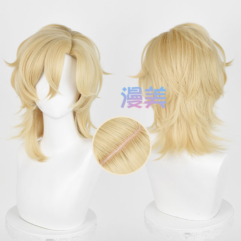 Anime-Style Honkai: Star Rail Sand Gold Cosplay Wig with Realistic Scalp Top and Wolf Tail Flipped Upwards