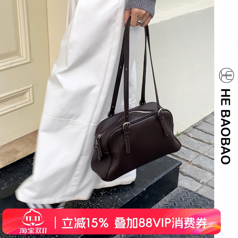 He Baobao×Hejmasi First-Layer Cowhide Boston Bag for Women 2026 New Bowling Handbag Crossbody Bag