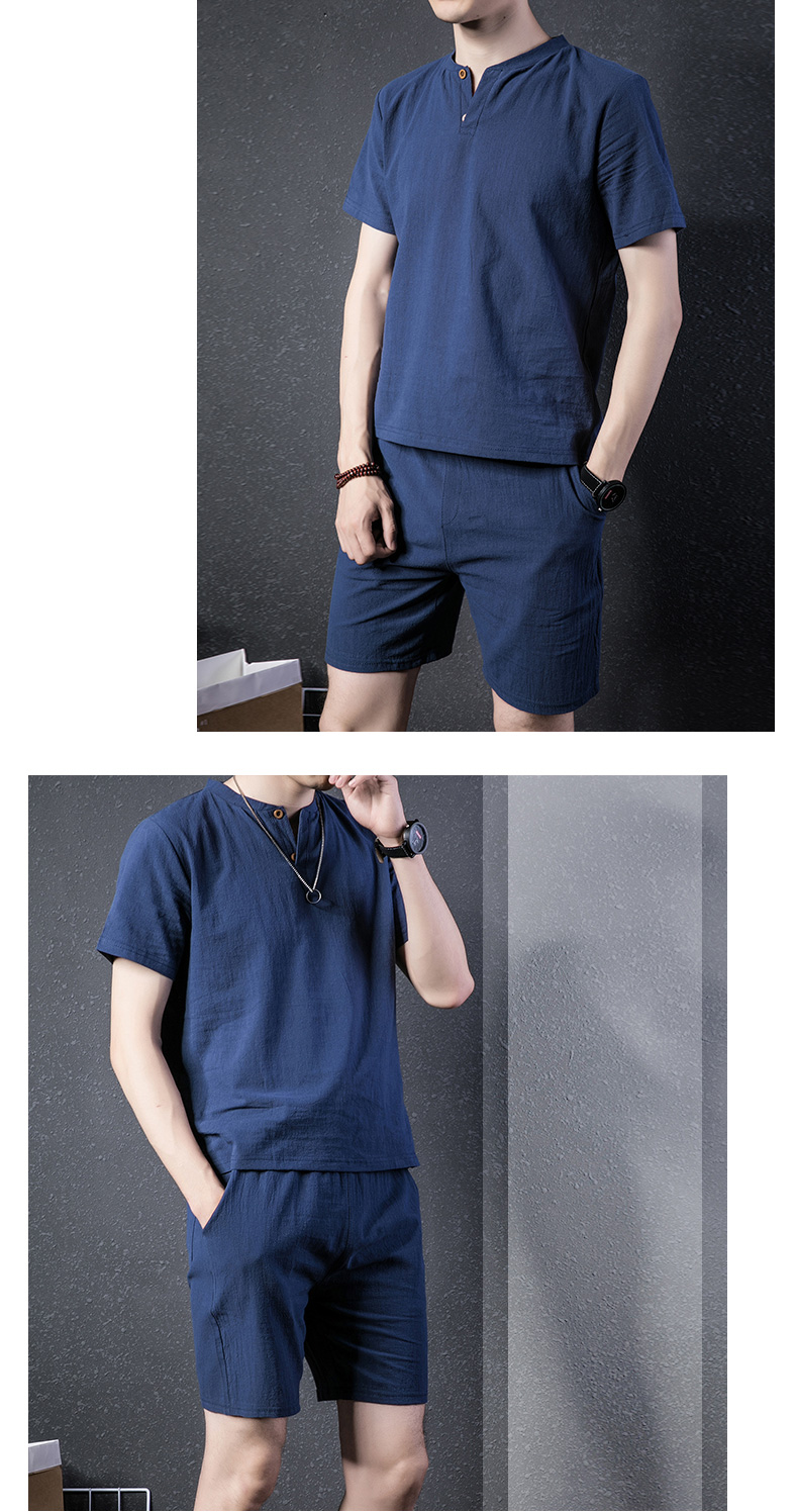 2018 mùa hè mới Trung Quốc phong cách bông và vải lanh thiết mỏng người đàn ông ngắn tay t- shirt xu hướng thường lanh hai mảnh