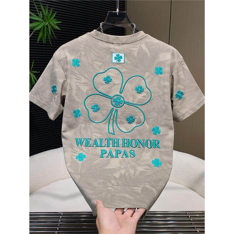 Marolio~ Fashionable Casual Four-Leaf Clover Embroidered Short-Sleeve T-Shirt for Men, Loose Design, European Style Trendy T-Shirt Top