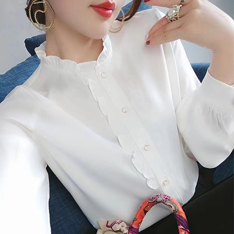 Korean Style Ruffled Stand-Up Collar Long-Sleeve Shirt, Spring and Autumn Fashion Loose Blouse for Women, Stylish Small Shirt, Plus-Size Chiffon Top