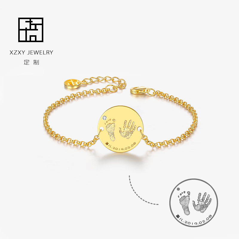 Private custom baby hands and feet printed coins Round plate Handmade female fingerprint lovers hand in a pair of pure silver plated 18K gold
