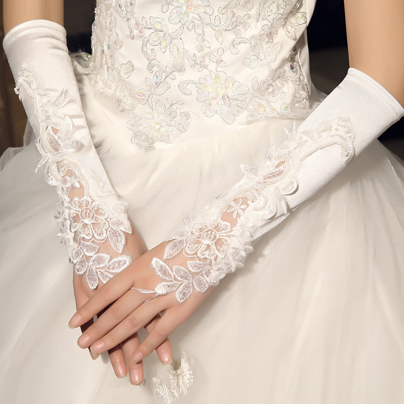 New Autumn and Winter Wedding Dress Gloves, Long Fingerless Embroidered Lace White Bridal Wedding Accessories