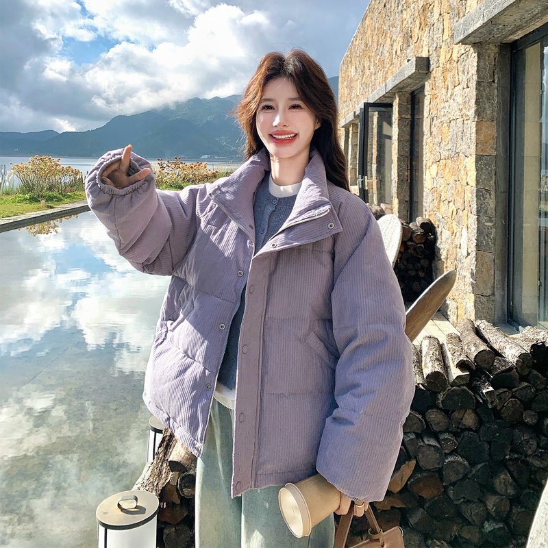 Purple Super Stylish Corduroy down Jacket for Women, Short Style, 2026 Winter Korean College Style, Petite 90% down Coat