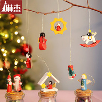 Linjie 2021 wooden Santa Claus ornaments Christmas tree decorations set wood painted old hanging pieces