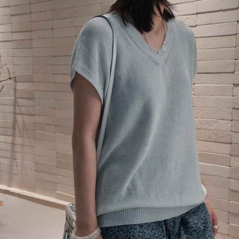 Cool Ice Blue! Imported Japanese Paper Blended V-Neck Cap Sleeve Knit Top