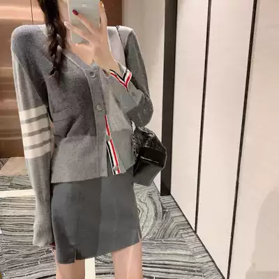 Thom Browne cardigan TB four-bar gray pattern wool V-neck knitwear sweater short coat for men and women
