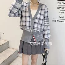 (Aina Day) Thom browne20 autumn and winter new V-neck plaid jacket men and women wool knitted cardigan