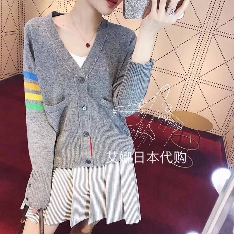 Aina day generation Thom Browne Knitwear cashmere sweater Four-bar color striped wool men's and women's cardigan jacket