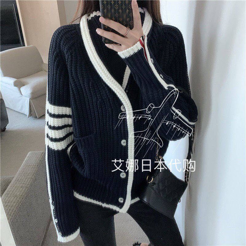 Ina Ridai thom browne cardigan tb thick wool thickened placket contrast color V-neck sweater men's and women's knitting