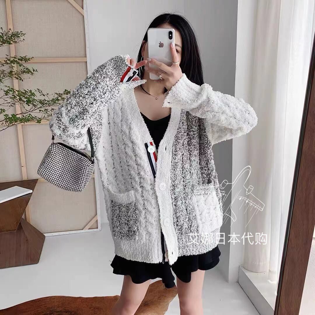 Aina Ridai Thom Browne stitching contrast color twist thick knitted cardigan TB all-match V-neck knitted sweater women - Taobao