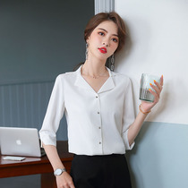 Chiffon White Shirt Women Korean Style V Neck Mid Sleeve Fashionable Design Mini Professional Shirt Slim Top