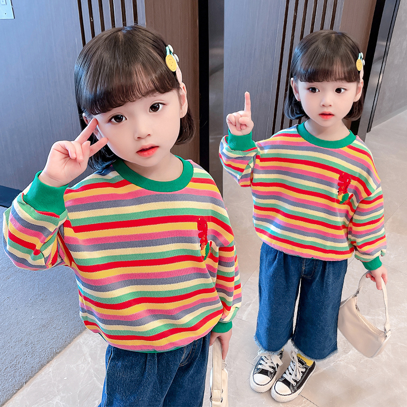 Girls autumn thick T-shirt 2021 new children's autumn clothes Korean version of the Western style children's baby striped casual top spring and autumn