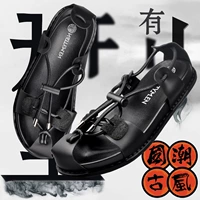 Dép da nam đi biển mùa hè Dép La Mã Baotou dép da nam giản dị retro Trung Quốc phong cách giày thủy triều - Sandal giày sandal
