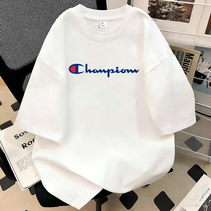 Champion Mid-Length Short-Sleeve T-Shirt for Women, Summer Loose Fit, Oversized Pure Cotton, Plus Size, Versatile, Covers the Hips, Top for Men