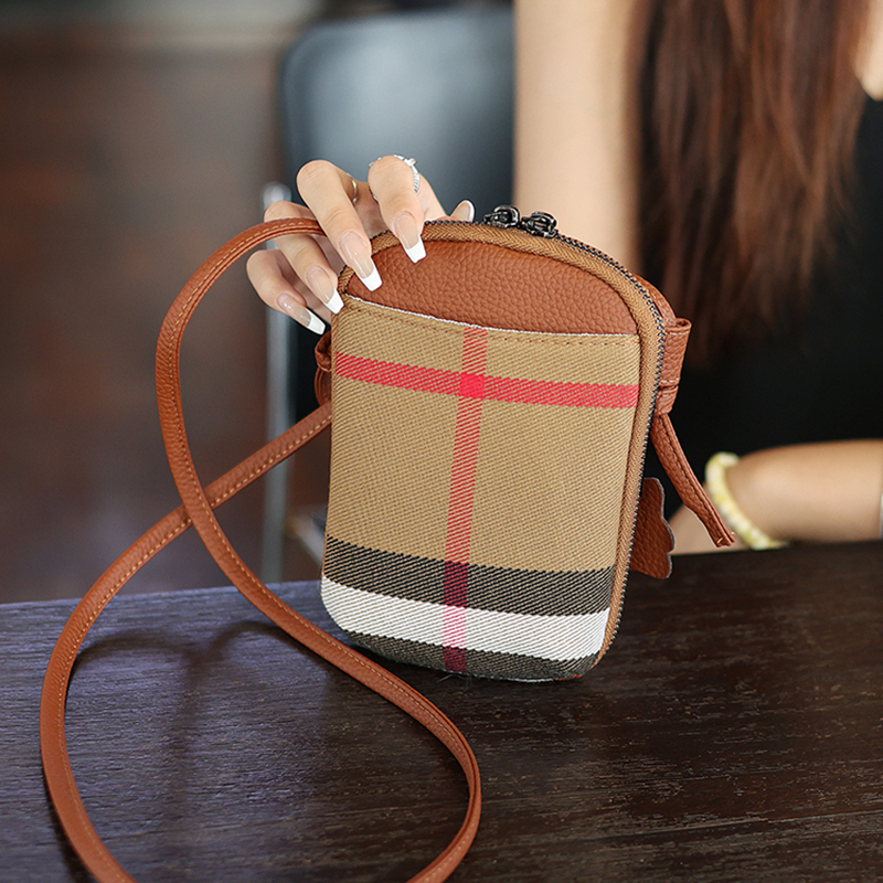 Plaid Bag Women's Canvas Mobile Phone Bag Double Zipper Compartment High-End Lightweight Mini Bag Single Shoulder Crossbody Bag
