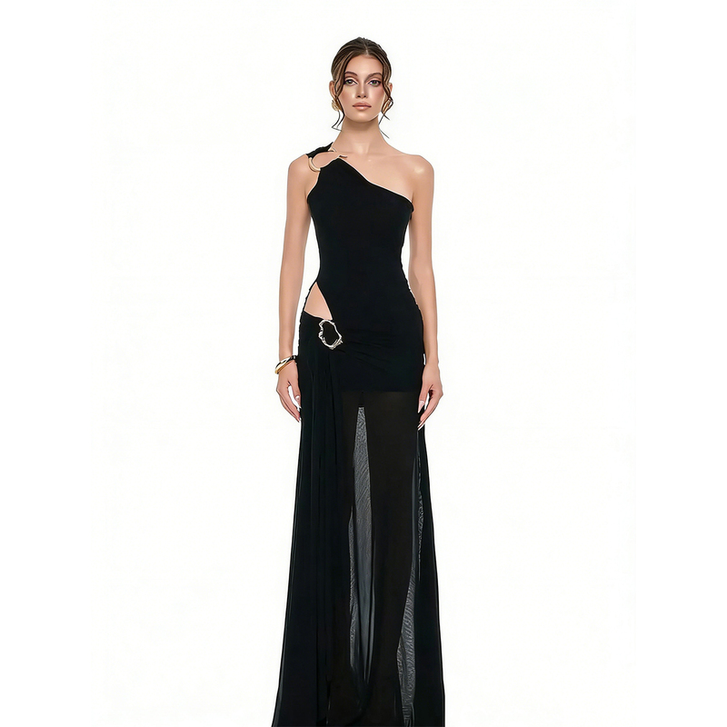 Black Design-Inspired Off-Shoulder Dress for Women, Summer French-Style Stunning Dress, See-Through Irregular Long Dress for Parties