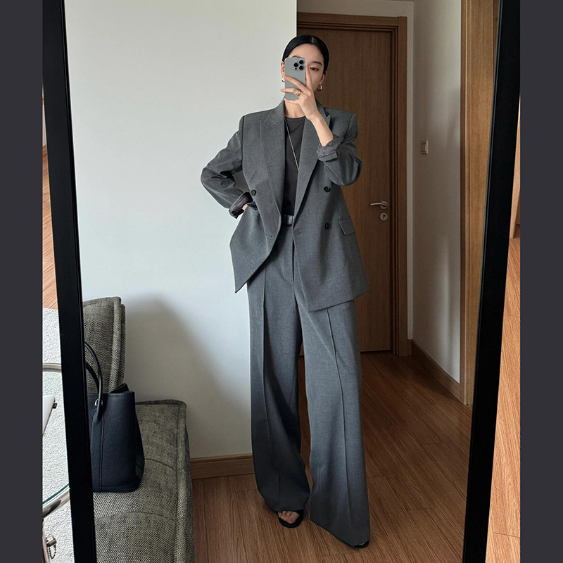 Spring and Autumn High-End Slim-Fit Gray Suit Set with Waist-Cinching Blazer and Wide-Leg Pants Two-Piece Business Attire
