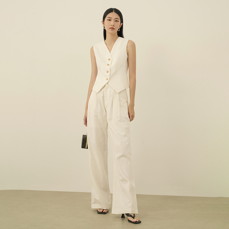 Old Money Style High-End Linen White Vest Suit Summer Linen Wide-Leg Pants Two-Piece Set Fashionable Cotton-Linen Women's Clothing